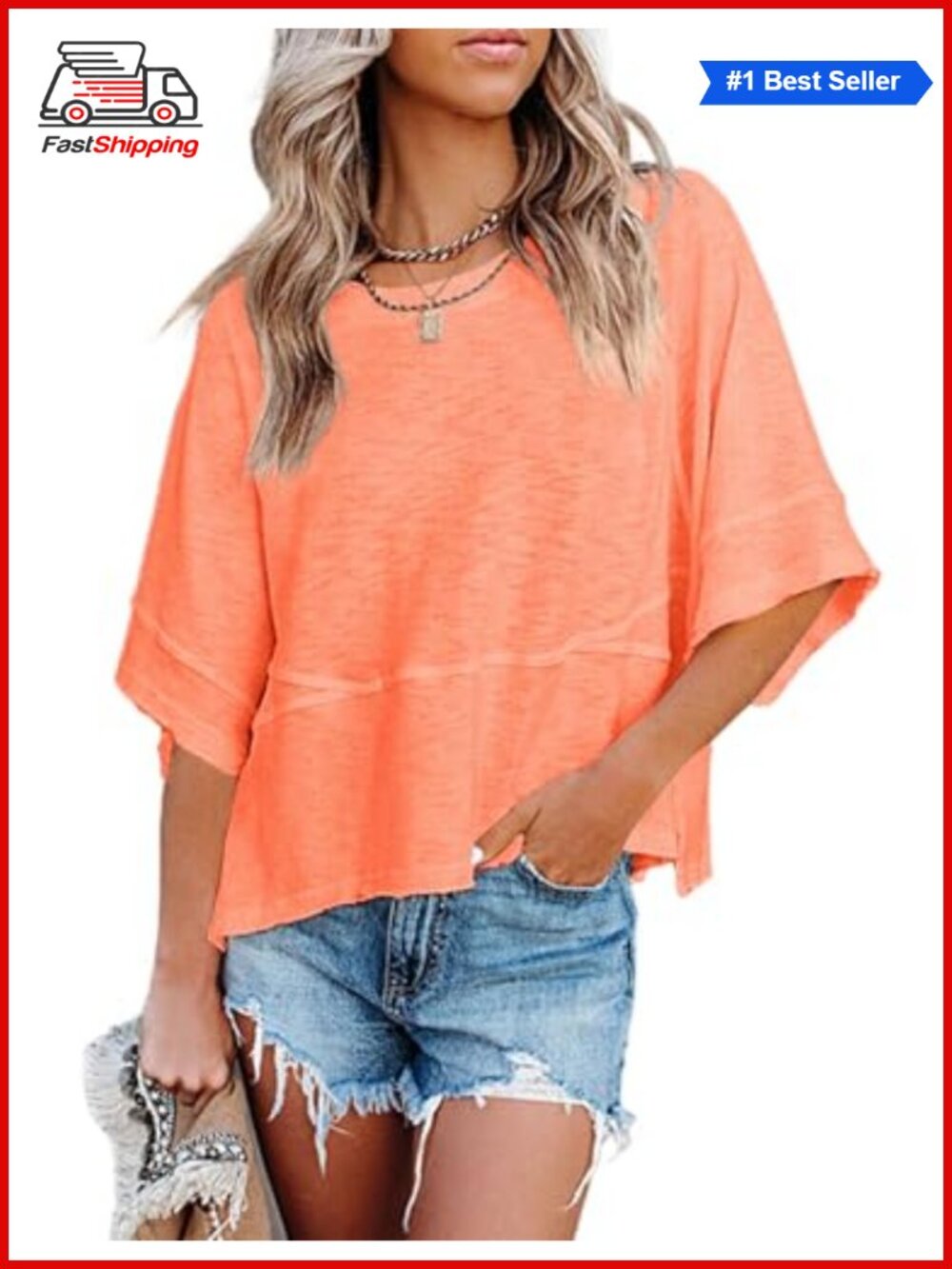 Women's Summer T-Shirts Loose Fit Crewneck 3/4 Sleeve Batwing Tunic Top
